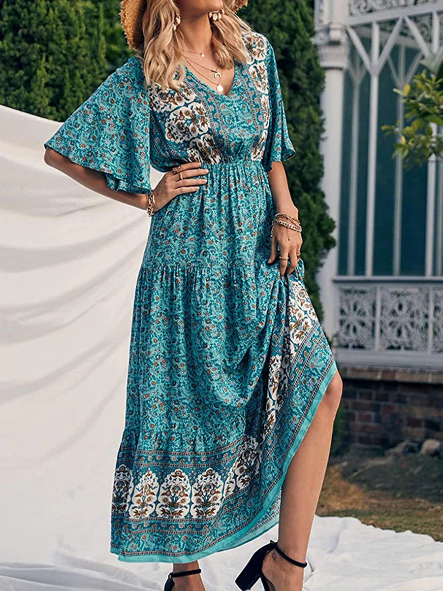 flowy boho dress Ariadne Print V Neck Maxi – Urban Hollis Style Tips Pair with Dusty Rose Maxi Dress color:Blue tween boutique Hamptons ny