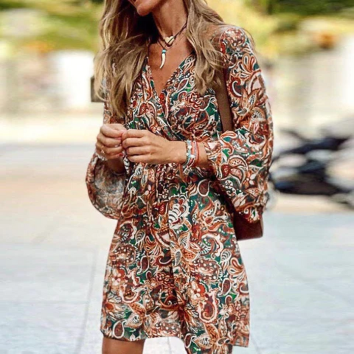 Serena Boho Printed Long Sleeve Mini Dress