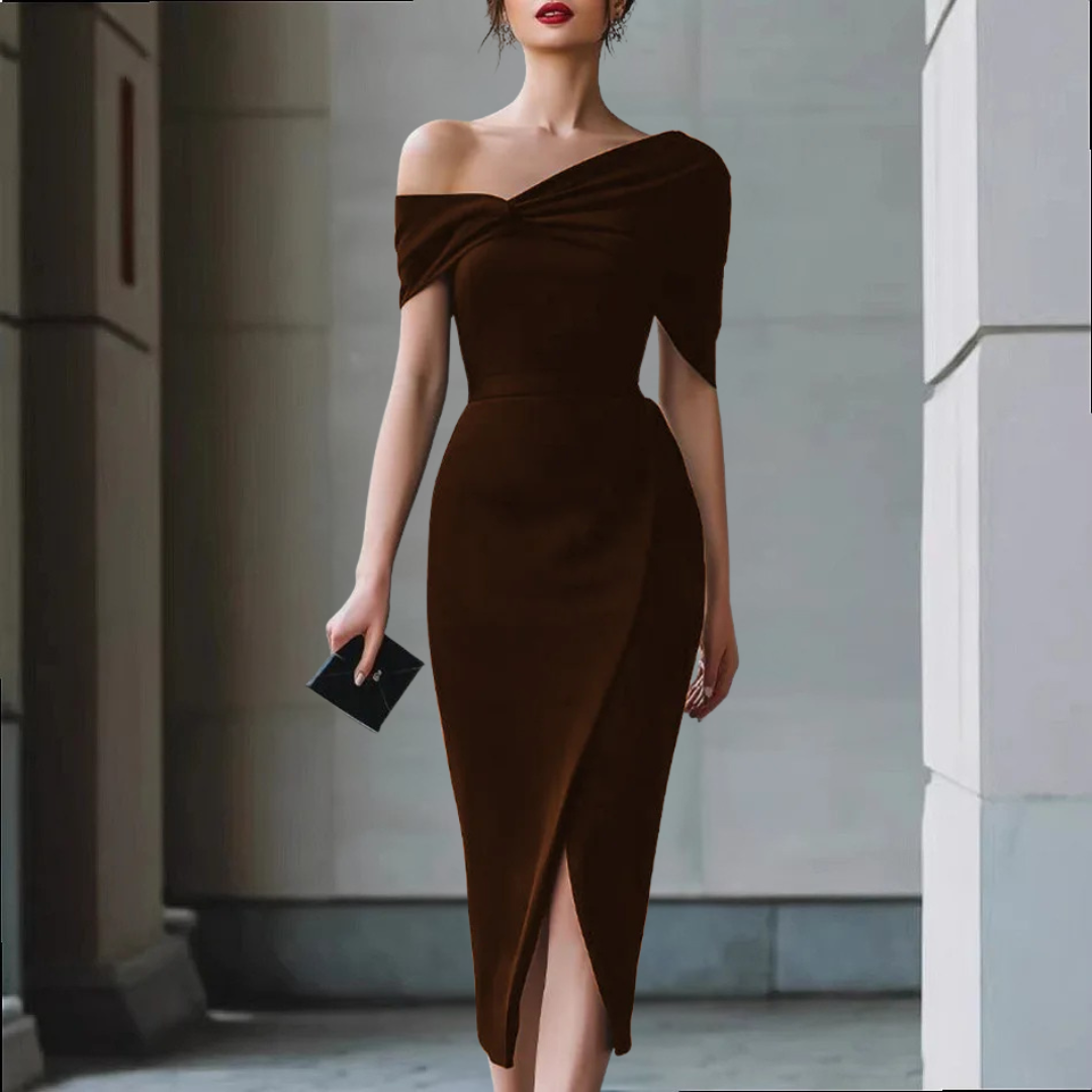 Jannat Draped Shoulder Midi Dress