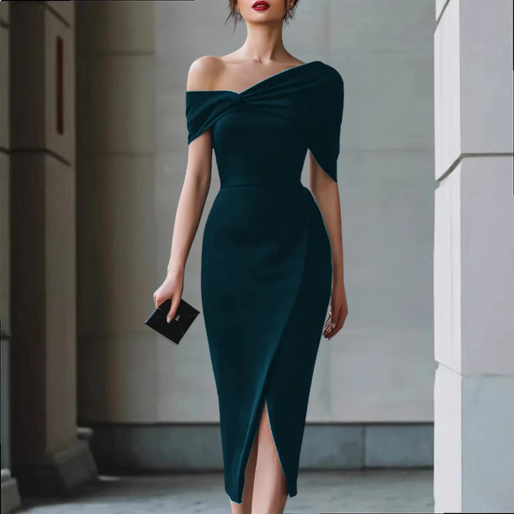 Jannat Draped Shoulder Midi Dress
