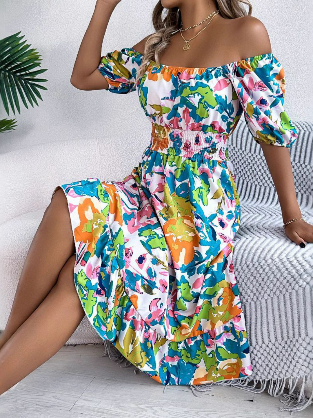 Evelina Boho Off Shoulder Midi Dress