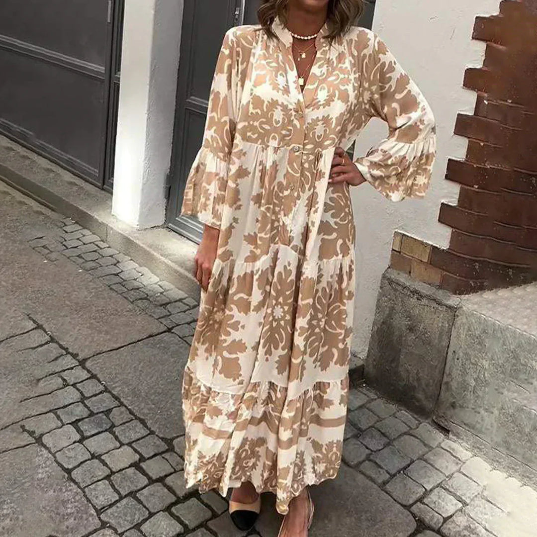 Rosaline Boho Printed Long Sleeve Midi Dress