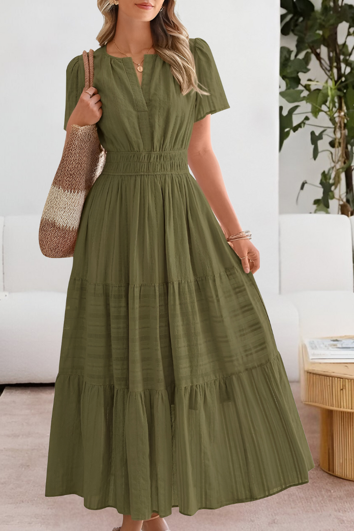 Amira Boho Short Sleeve Smocked Midi Dress