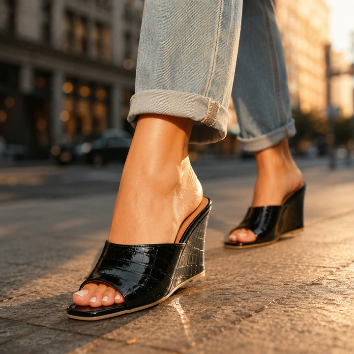 Iskra Leather Embossed Wedge Sandals