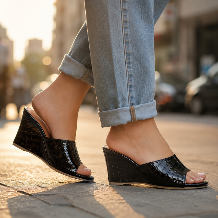 Iskra Leather Embossed Wedge Sandals