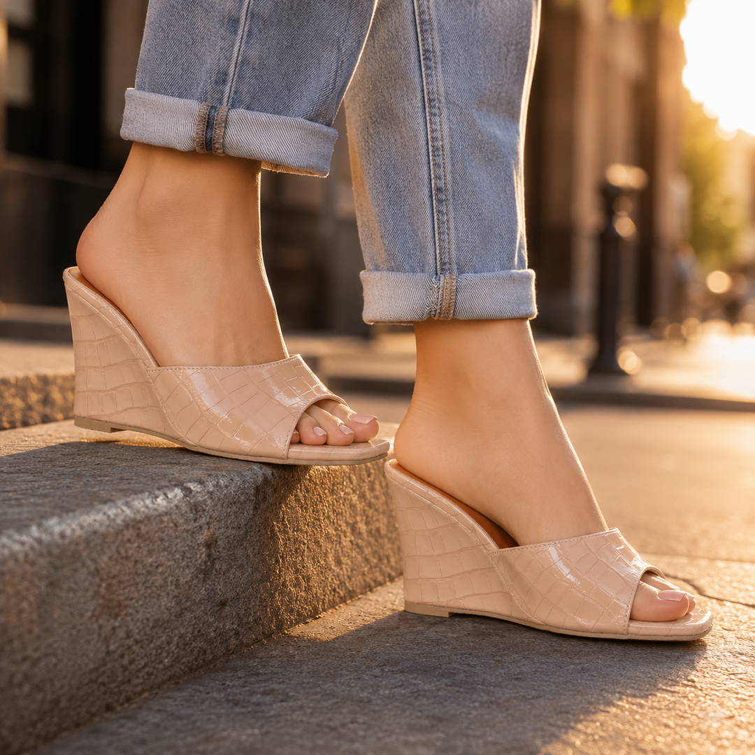 Iskra Leather Embossed Wedge Sandals