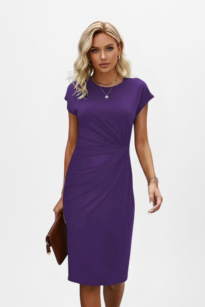 Vioria Knee-Length Dress with Round Neck and Ruched Waist