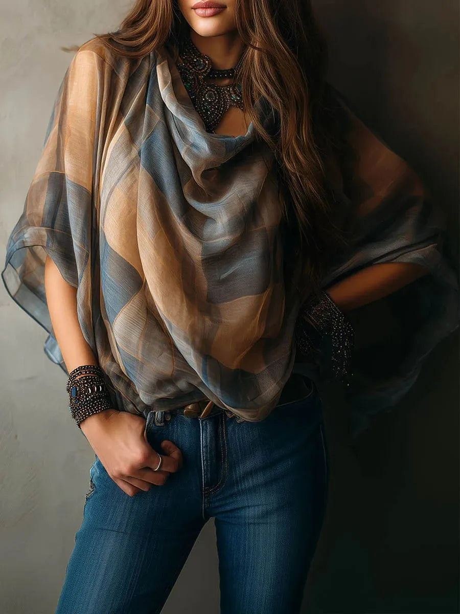 Ophira Draped Plaid Chiffon Blouse