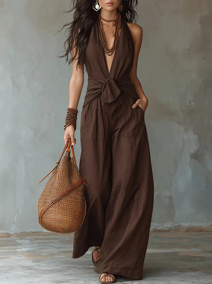 Ambrien Front Tie Wide Leg Jumpsuit