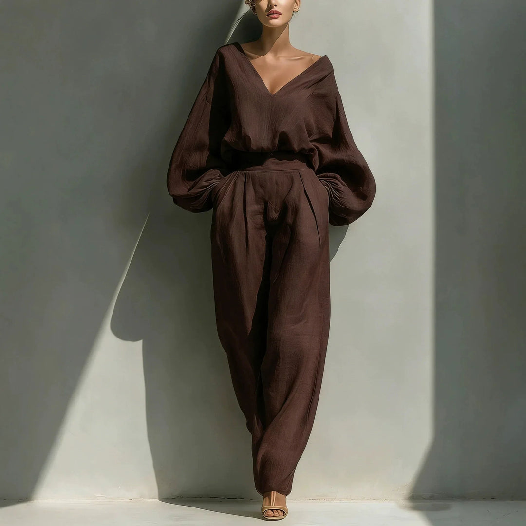 Maelle Casual Deep V Neck Linen Pants Set