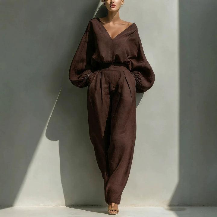 Maelle Casual Deep V Neck Linen Pants Set