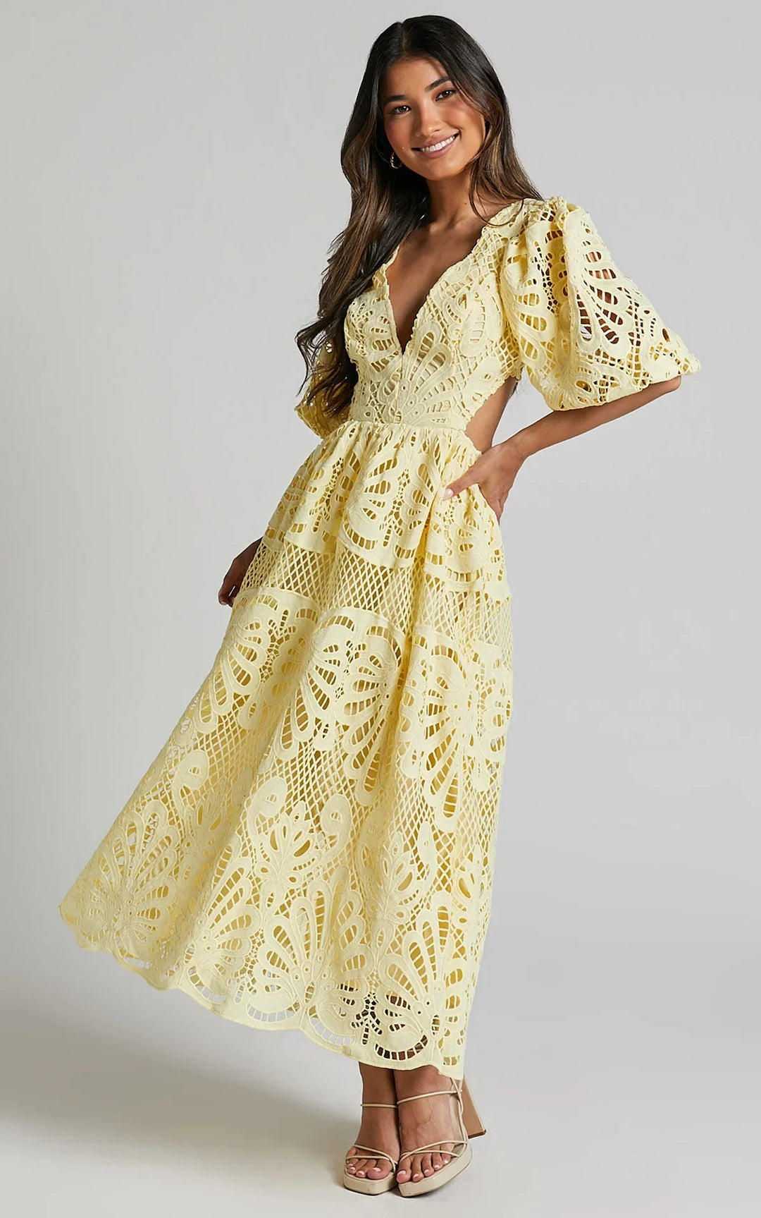 Oriana Puff Sleeve Embroidered Lace Midi Dress