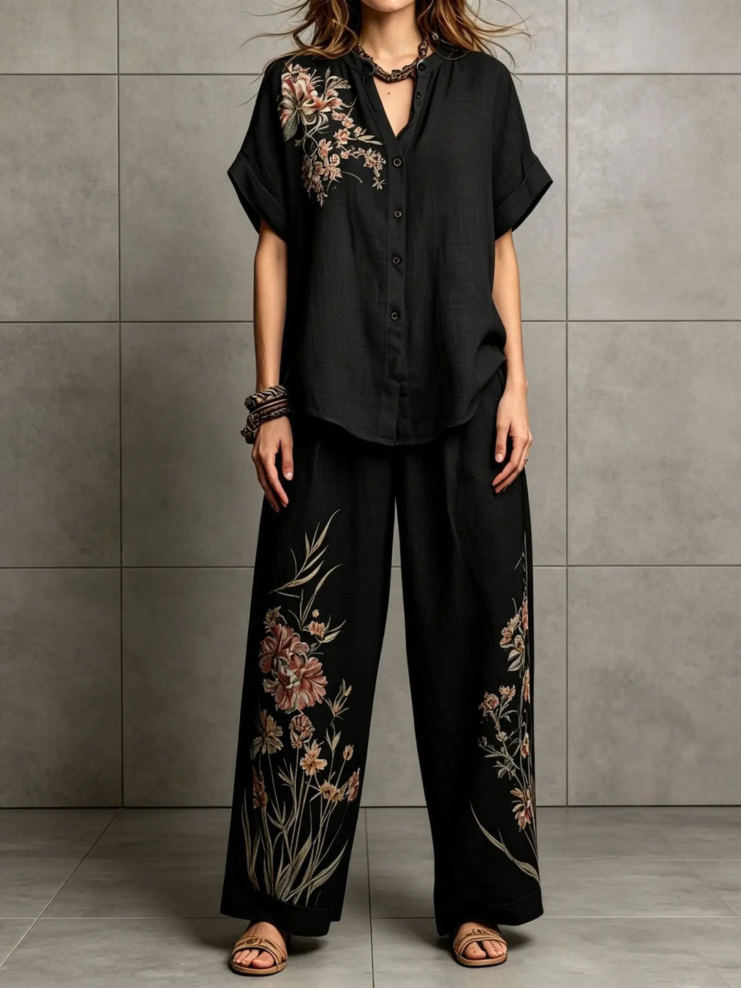 Amelina Bohemian Floral Printed Wide Leg Pants Set