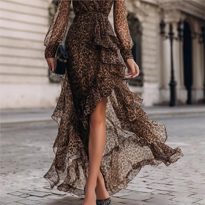 Savannah Leopard Ruffle Maxi Dress