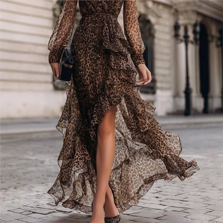 Savannah Leopard Ruffle Maxi Dress