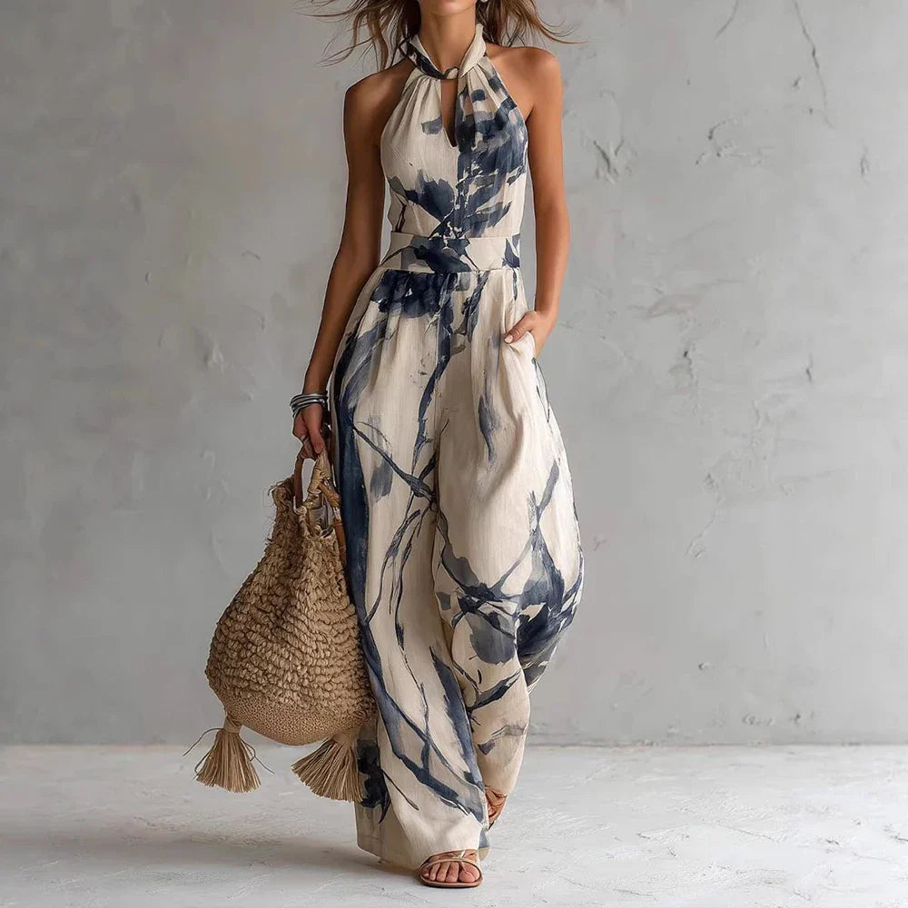 Madison Flowy Halter Maxi Dress, Light Blue / L- Women's Fashion
