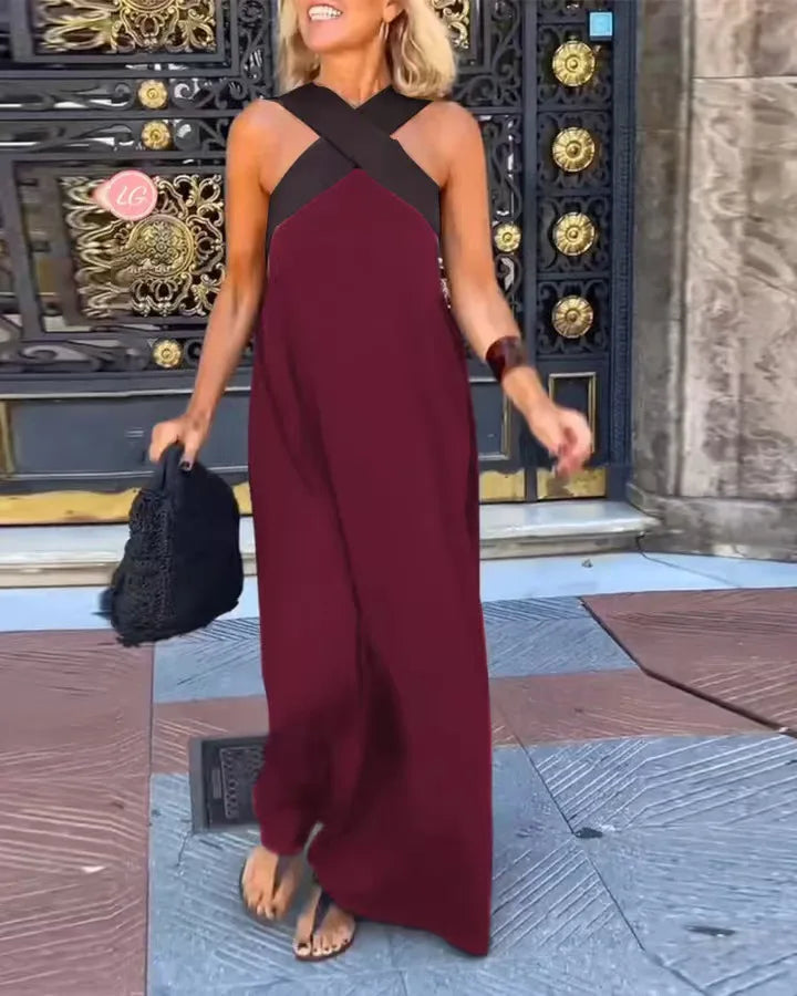Adelina Contrast Halter Backless Maxi Dress