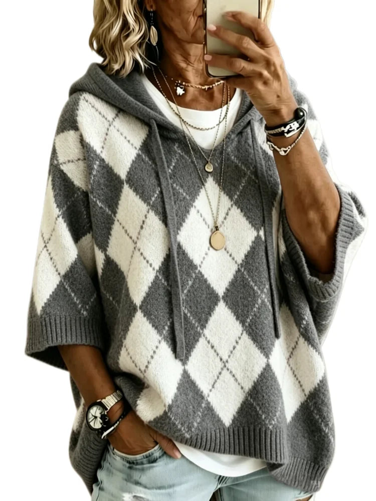 Odalene Argyle Drawstring Hood Knit