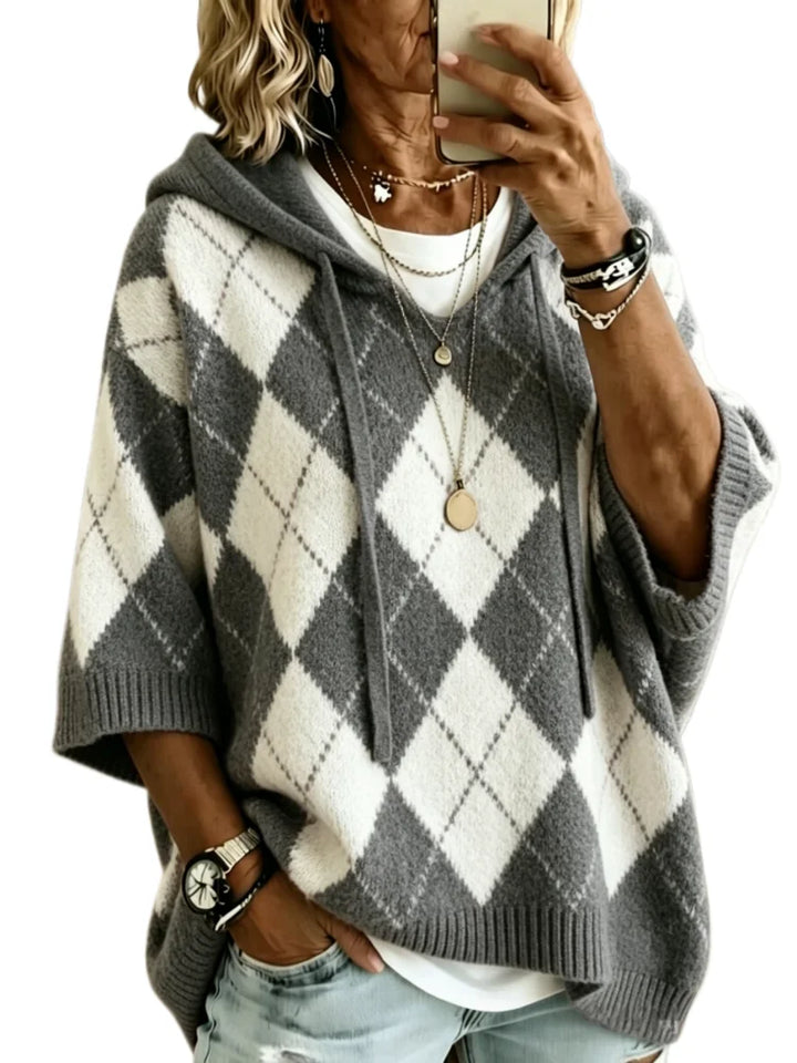 Odalene Argyle Drawstring Hood Knit
