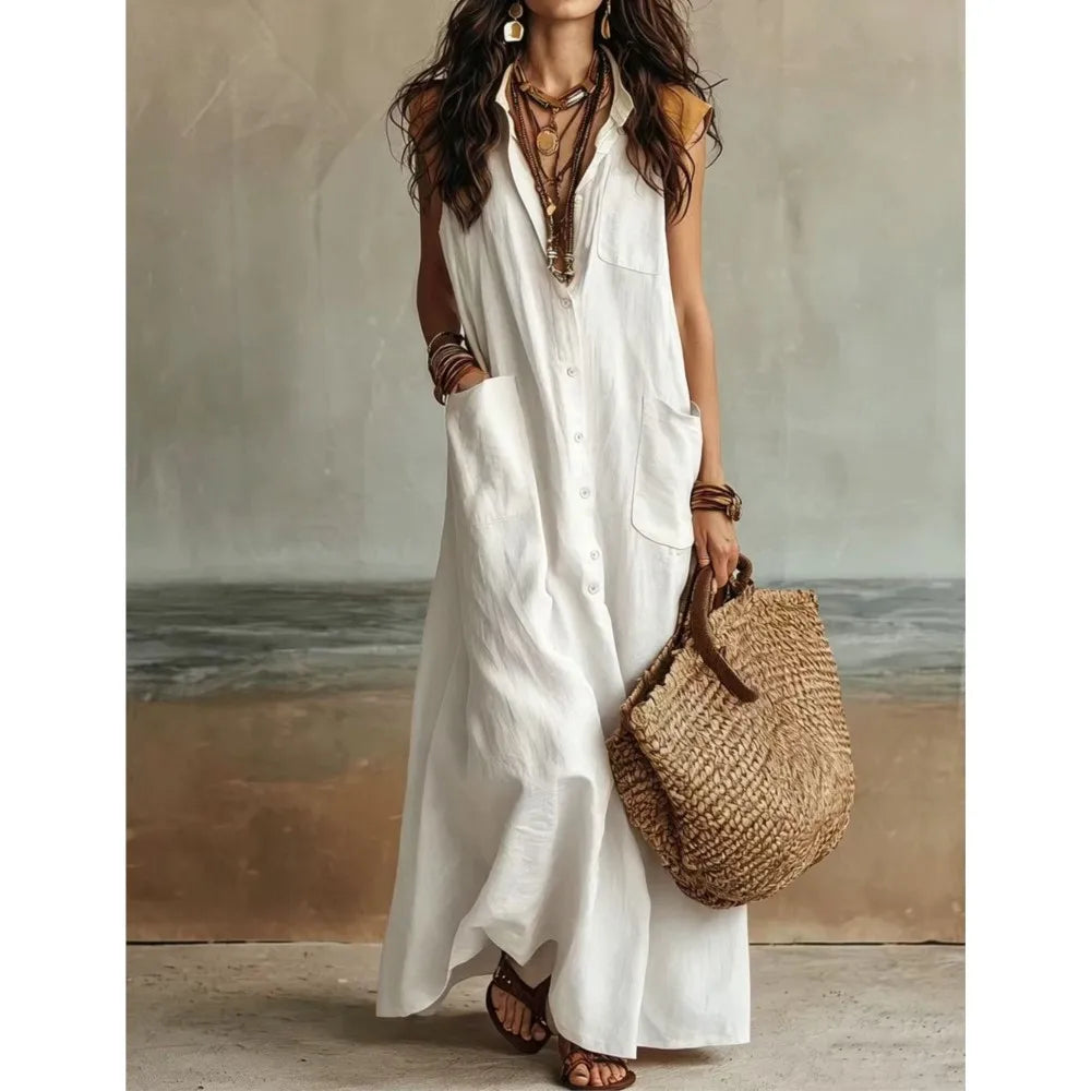 Keira Bohemian V Neck Casual Linen Maxi Dress