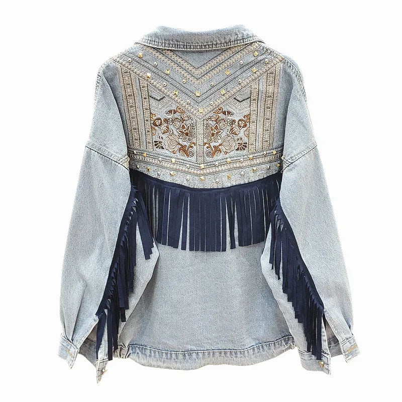 Tiana Embroidered Fringe Denim Jacket