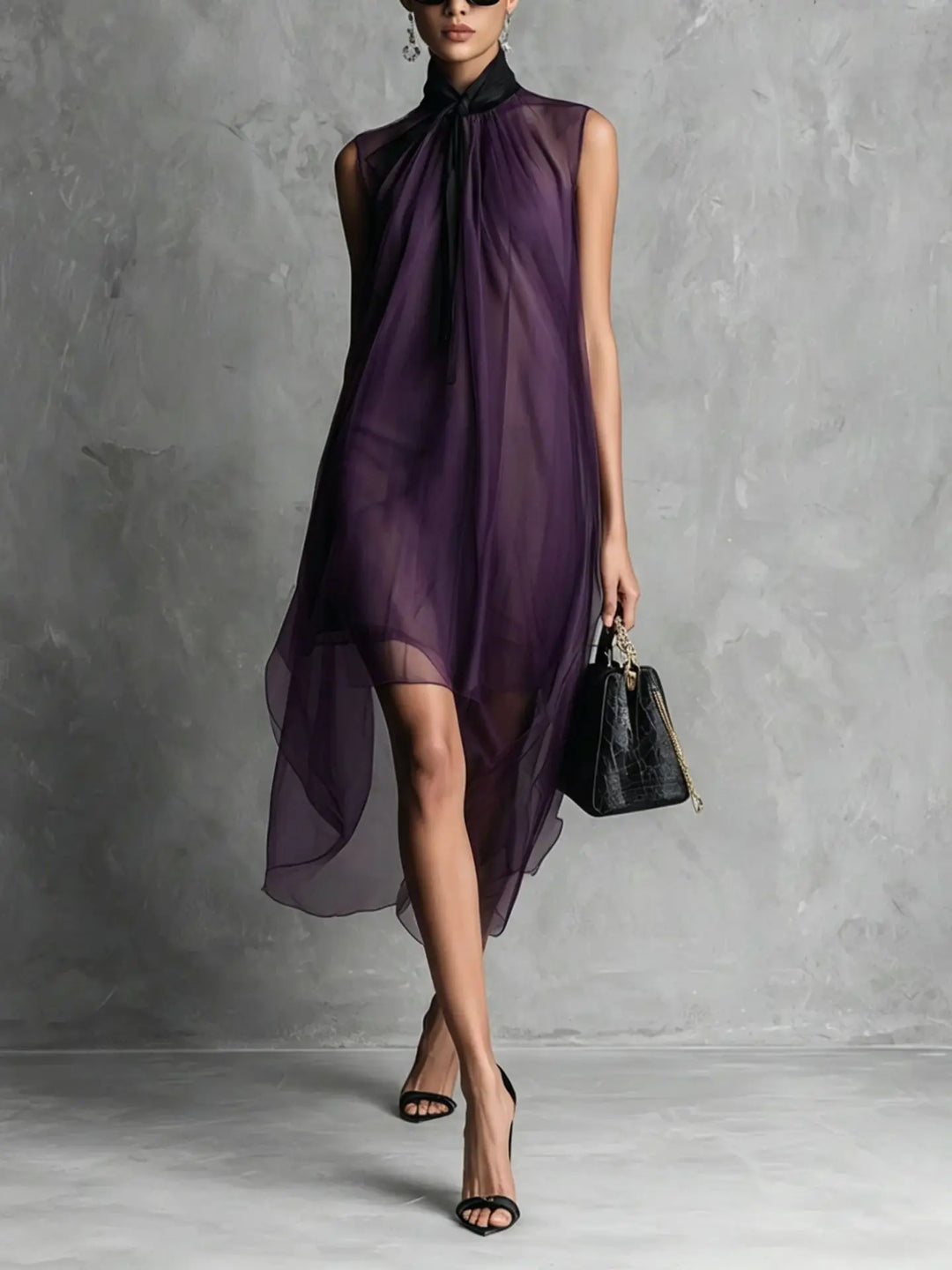 Alondra Sleeveless Bow Neck Chiffon Midi Dress