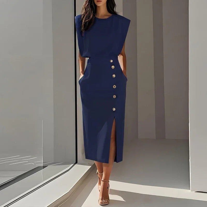 Arabella Elegant Button Split Midi Dress