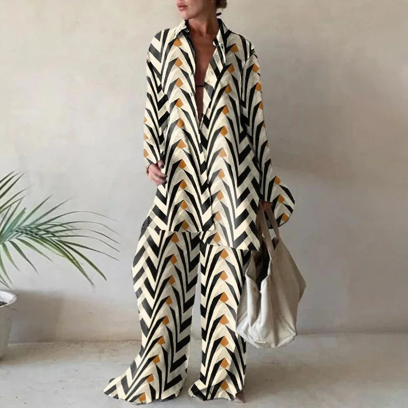 Floriane Geometric Print Long Sleeve Trouser Set