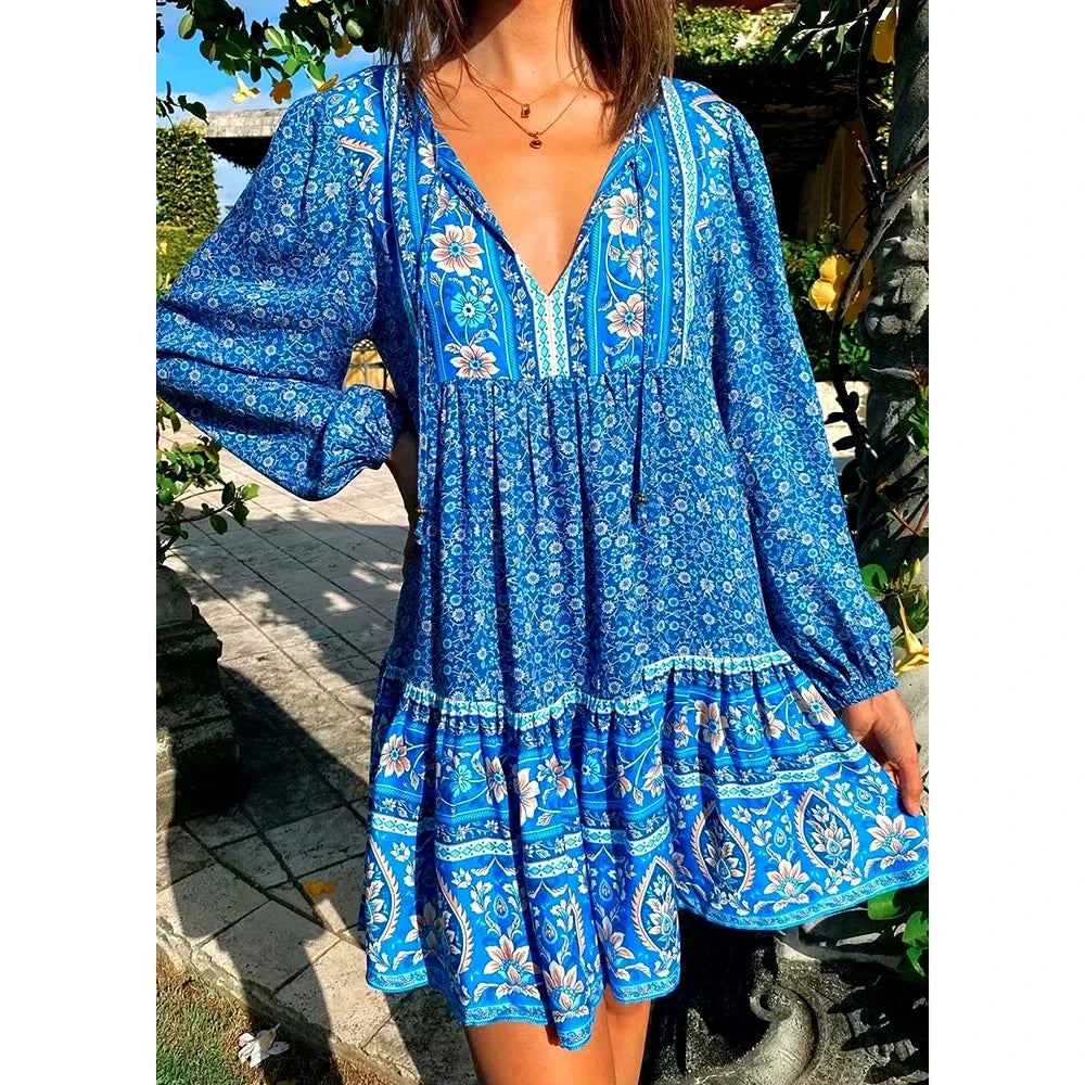 Zarela Vintage Floral Boho Mini Dress