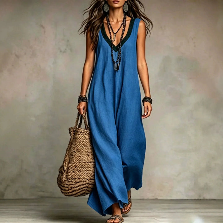 Eulalia Bohemian V Neck Sleeveless Cotton Linen Maxi Dress