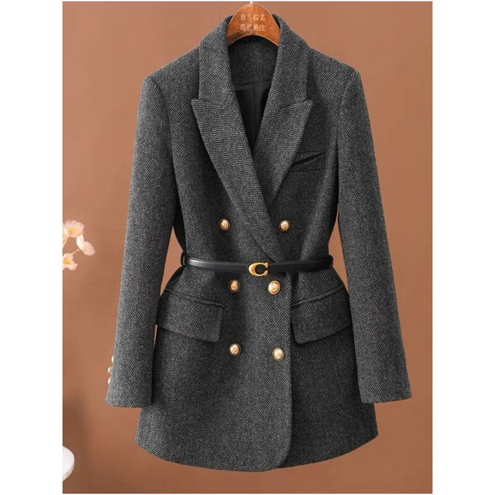Isabette Herringbone Belted Waist Blazer