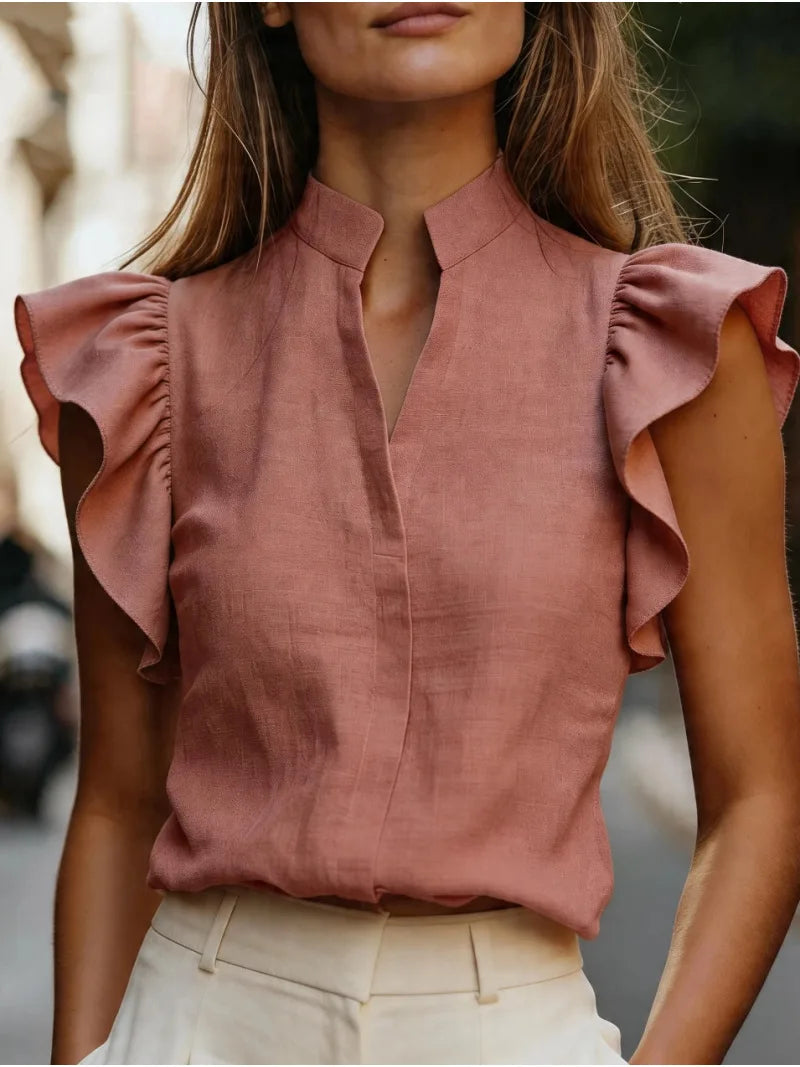 Cassara Ruffle Sleeve V Neck Blouse