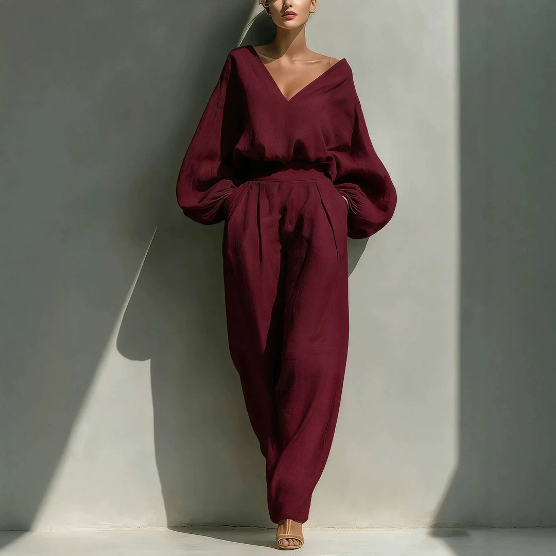 Maelle Casual Deep V Neck Linen Pants Set