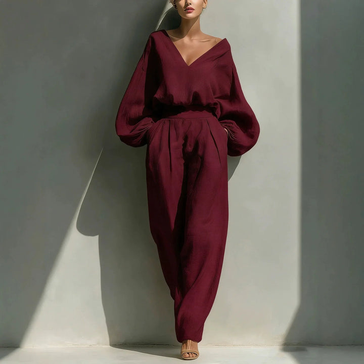 Maelle Casual Deep V Neck Linen Pants Set