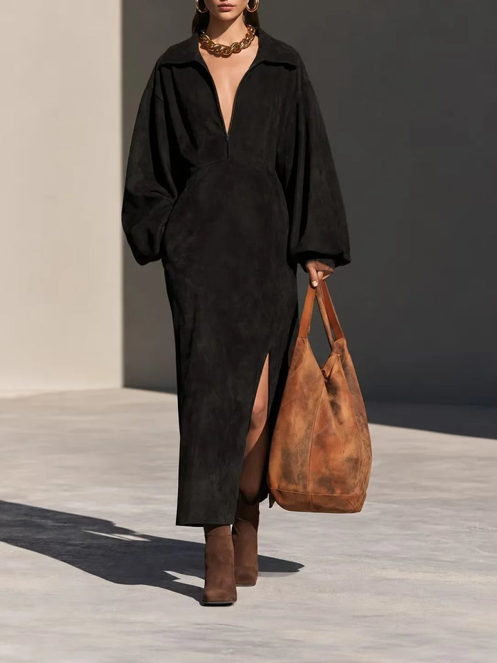 Thalia Half Zip Suede Dress