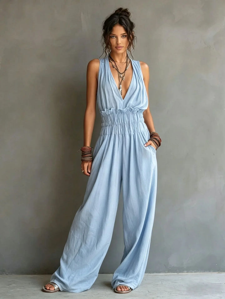 Carvella Deep V Neck Wide Leg Jumpsuit