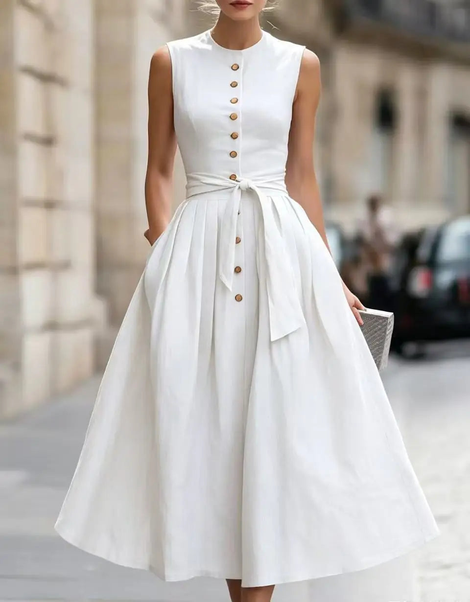 Nadira Elegant Tie Waist Linen Midi Dress