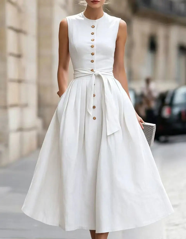 Nadira Elegant Tie Waist Linen Midi Dress