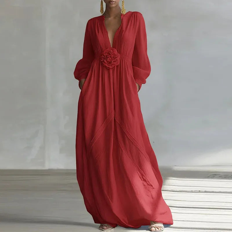 Evelia Deep V Neck Maxi Dress