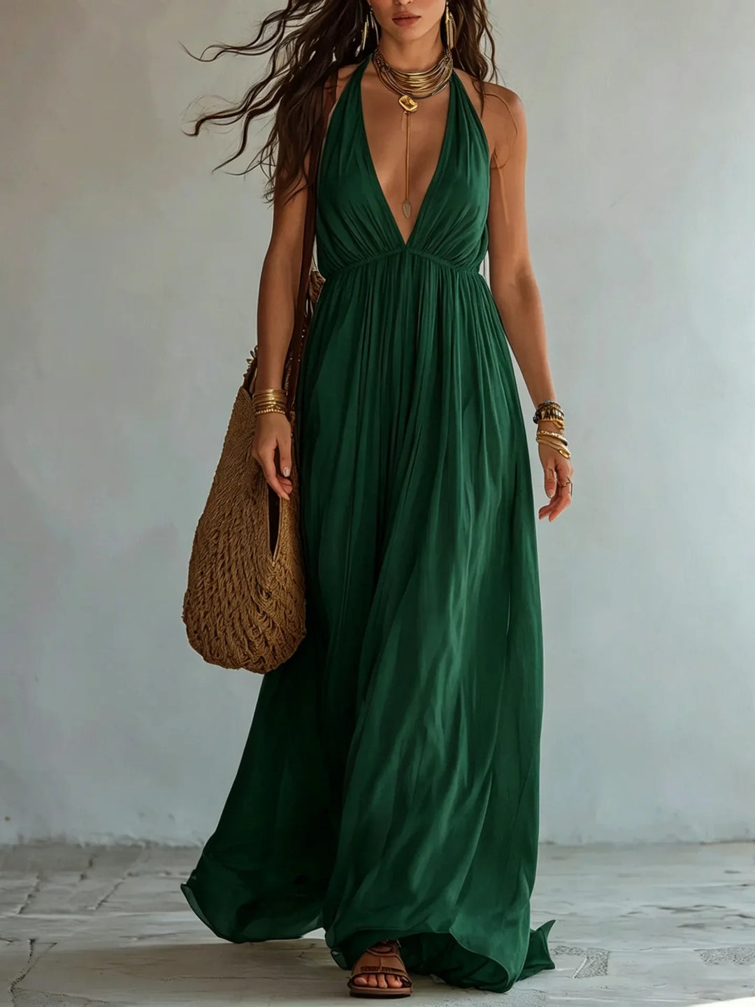 Elena Deep V Neck Maxi Dress