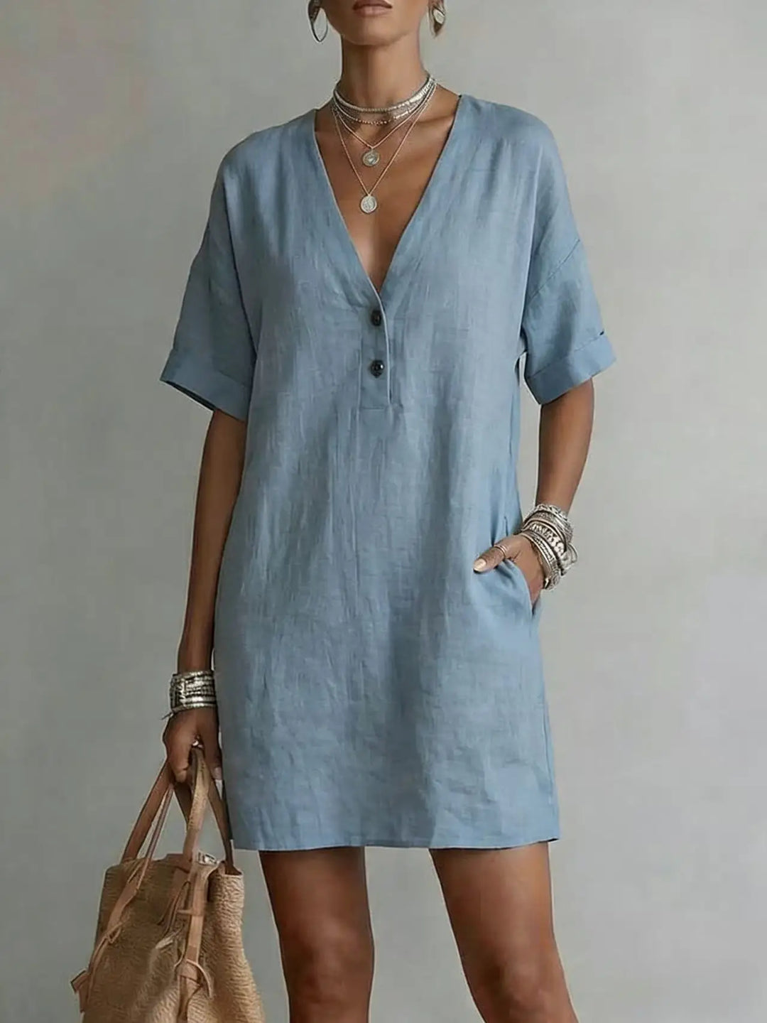 Sarinae Breathable Linen V-Neck Mini Dress