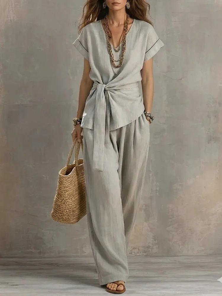 Orlena Relaxed Tie Waist V Neck Lounge Set