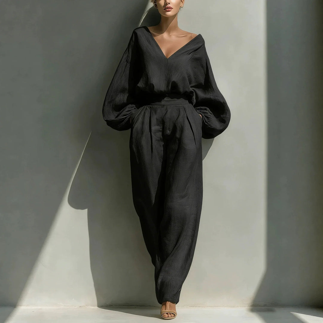 Maelle Casual Deep V Neck Linen Pants Set
