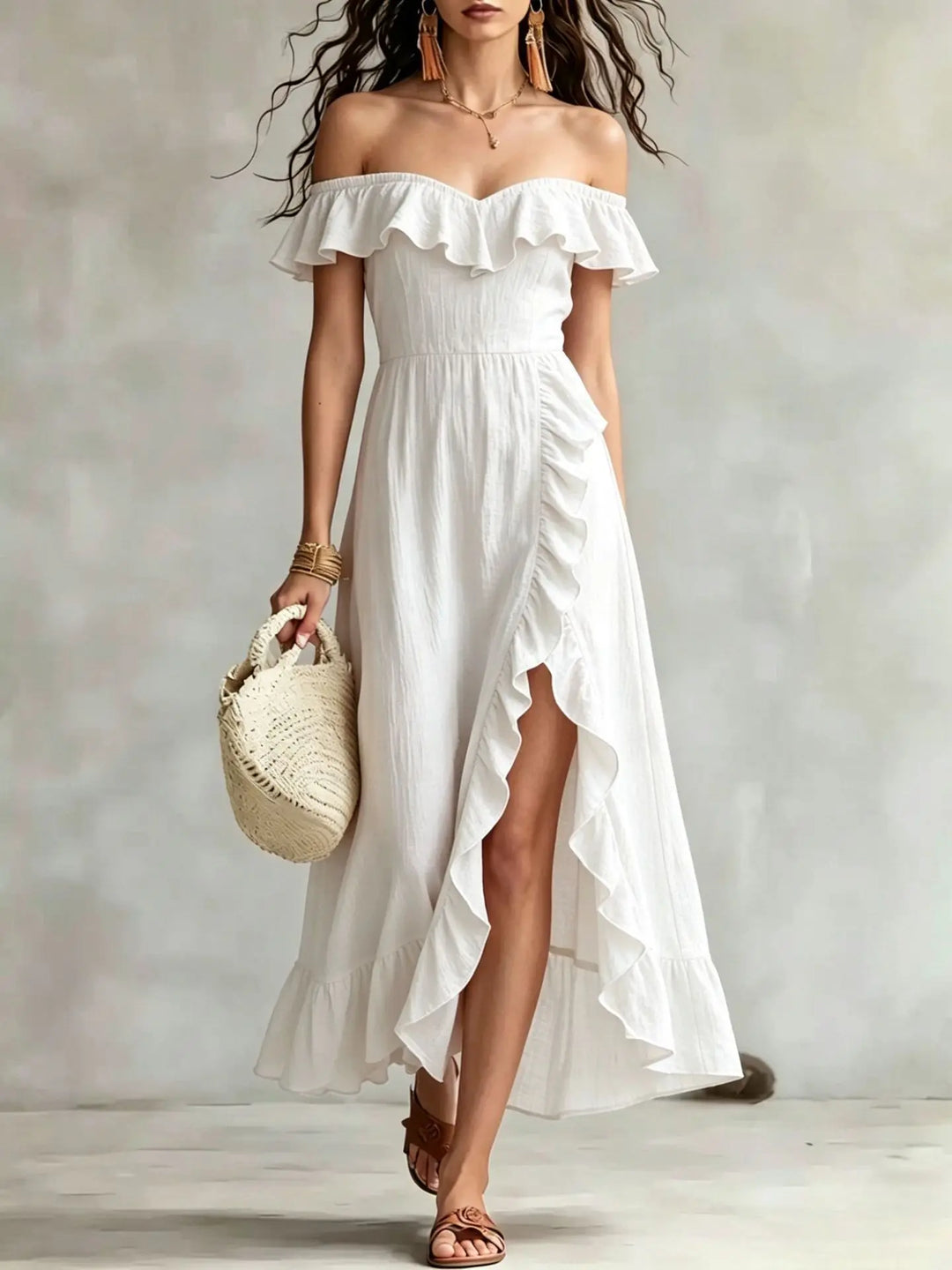 Calvian Off Shoulder Split Hem Maxi Dress