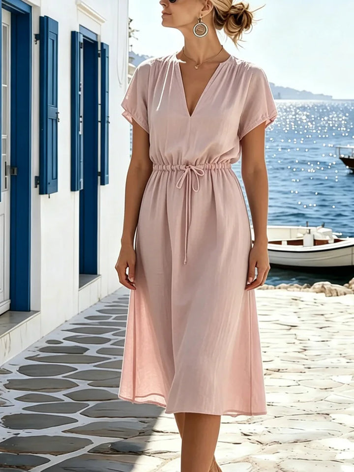 Elowina Elegant V Neck Gathered Waist Midi Dress