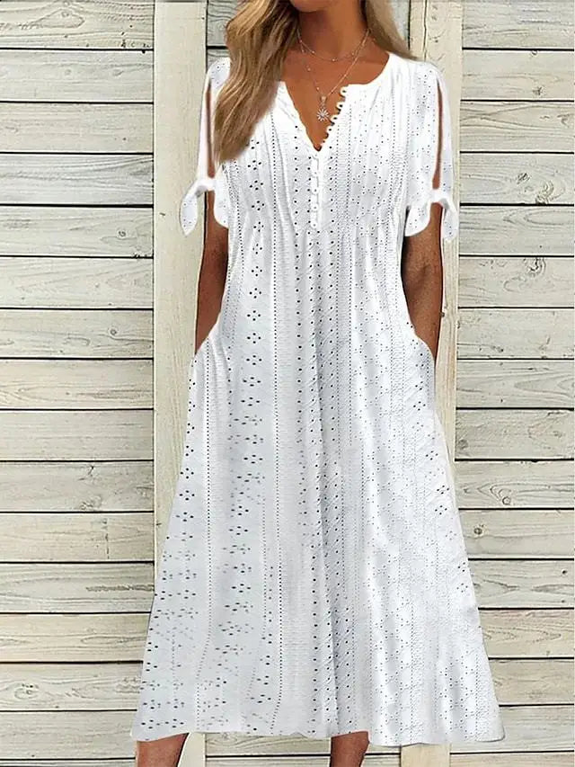 Thalora V Neck Eyelet Midi Dress