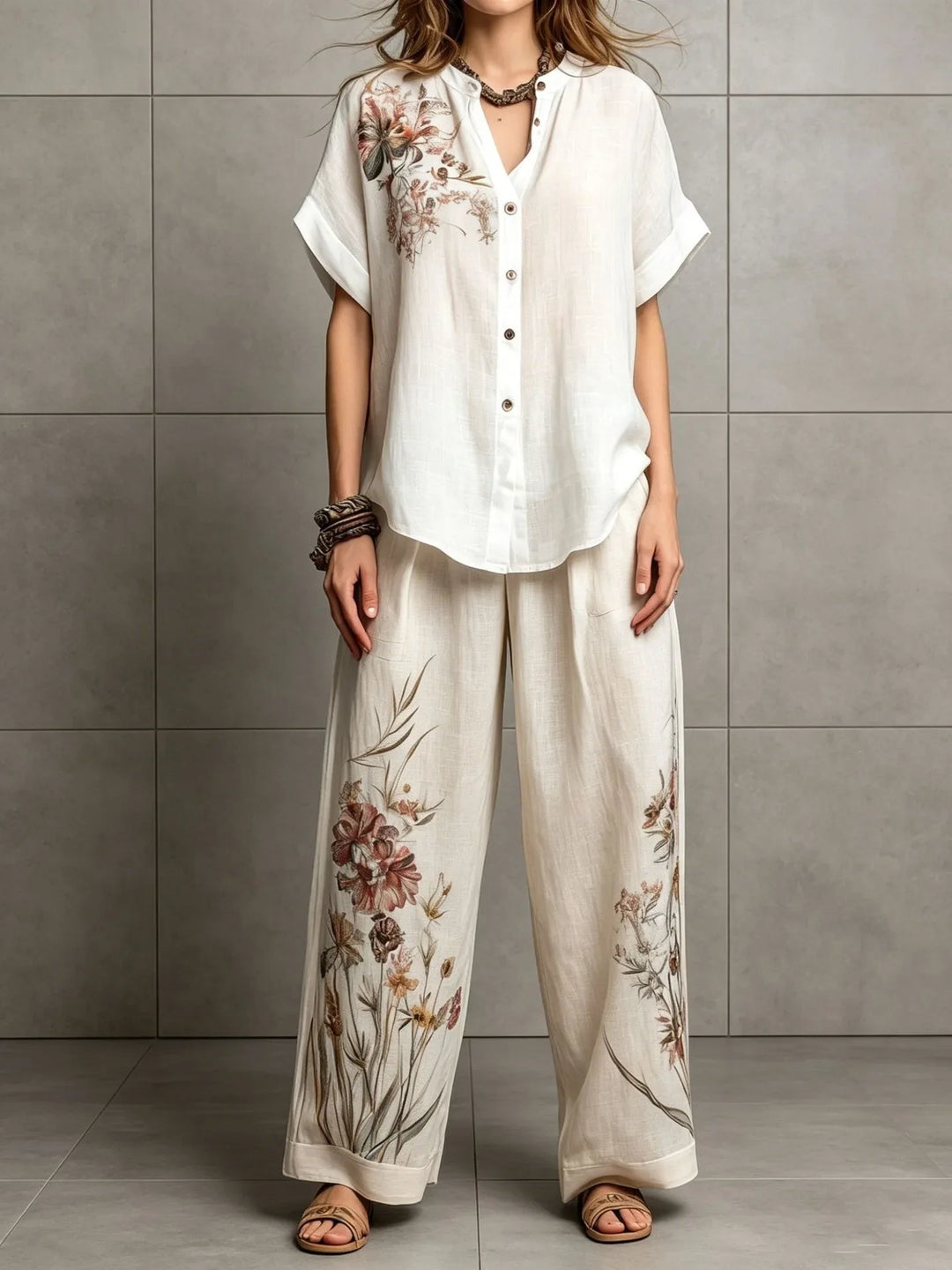 Amelina Bohemian Floral Printed Wide Leg Pants Set
