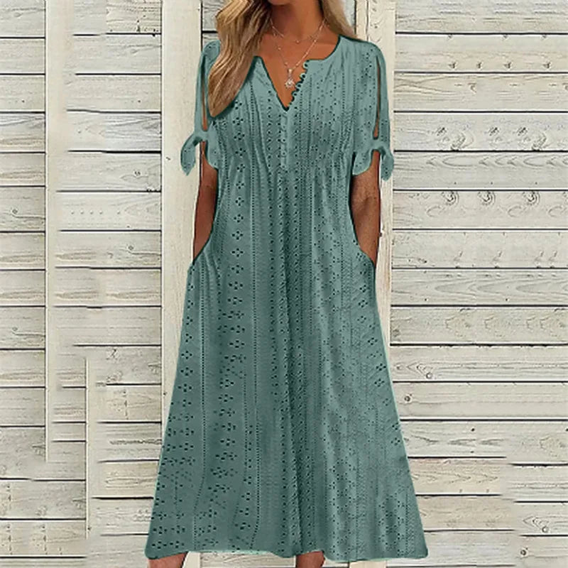 Thalora V Neck Eyelet Midi Dress
