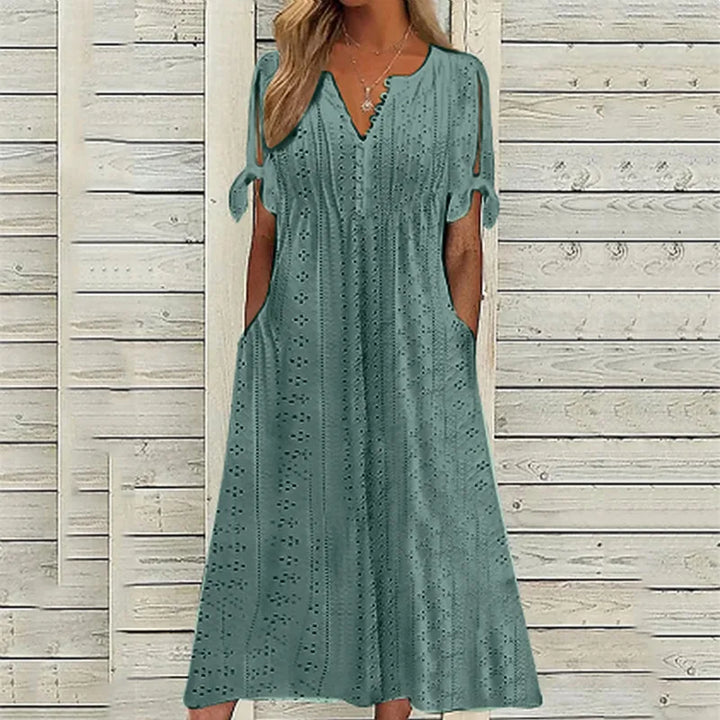 Thalora V Neck Eyelet Midi Dress
