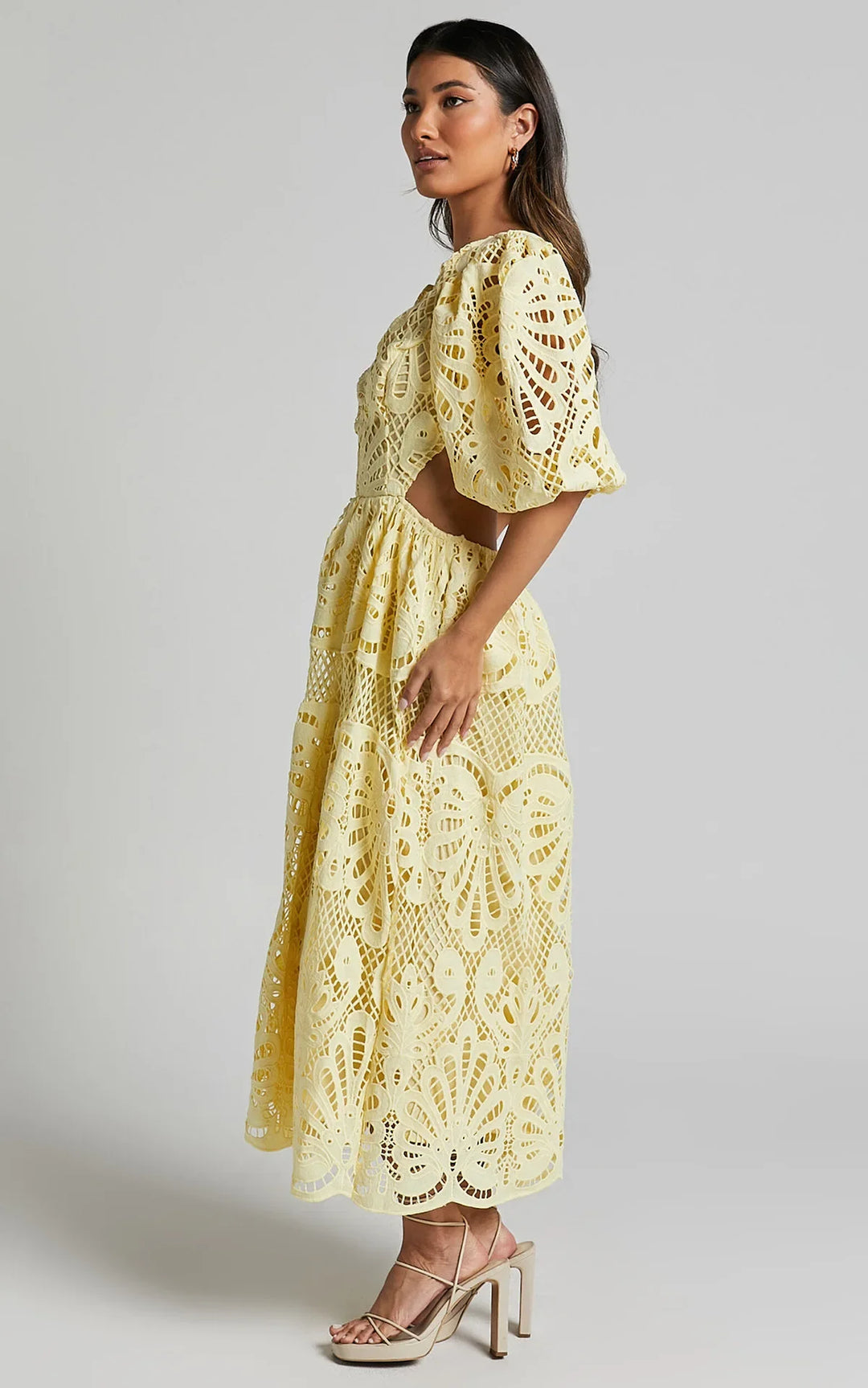 Oriana Puff Sleeve Embroidered Lace Midi Dress